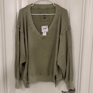American Eagle Sage Green Oversized V Neck Waffle Sweater